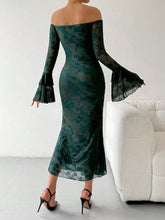 1pc Off-Shoulder Flare Sleeve Flocked Fishtail Dress